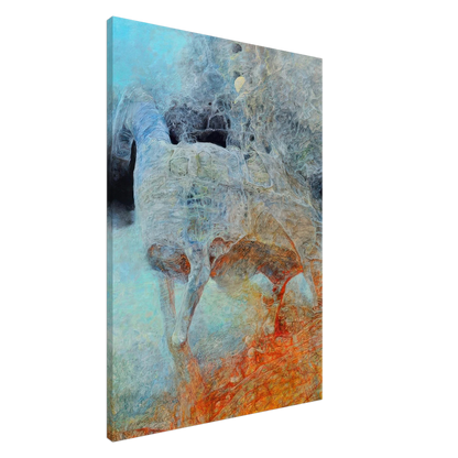 Zdzisław Beksiński canvas print featuring an eerie skeletal animal with elongated legs, abstract anatomical details, and tangled textures against a dreamlike turquoise and rust-orange background.