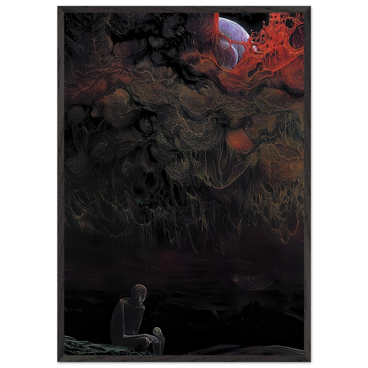 Zdzisław Beksiński Cosmic Nightmare framed print featuring a solitary seated figure beneath enormous dark organic forms with fiery red details and a surreal celestial body.