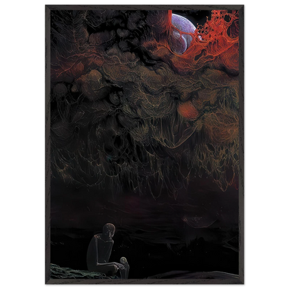 Zdzisław Beksiński Cosmic Nightmare framed print featuring a solitary seated figure beneath enormous dark organic forms with fiery red details and a surreal celestial body.