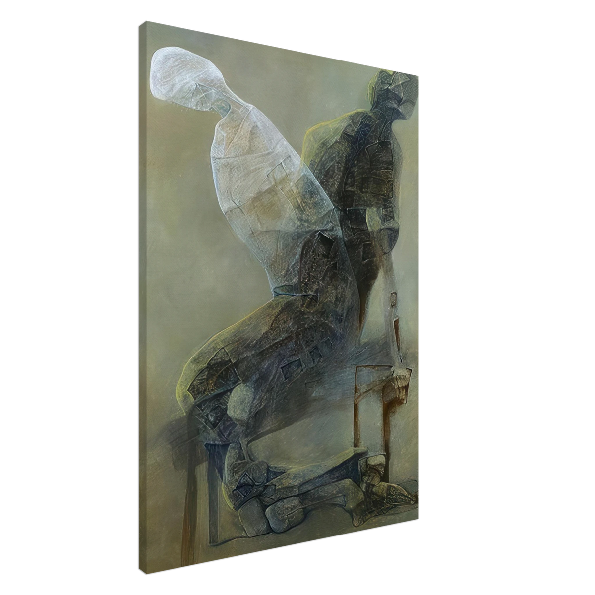 A vertical canvas wall art print featuring an abstract, layered depiction of two human figures in muted gray, brown, and beige tones, shown at a slight angle against a plain white background.