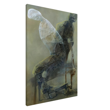 A vertical canvas wall art print featuring an abstract, layered depiction of two human figures in muted gray, brown, and beige tones, shown at a slight angle against a plain white background.
