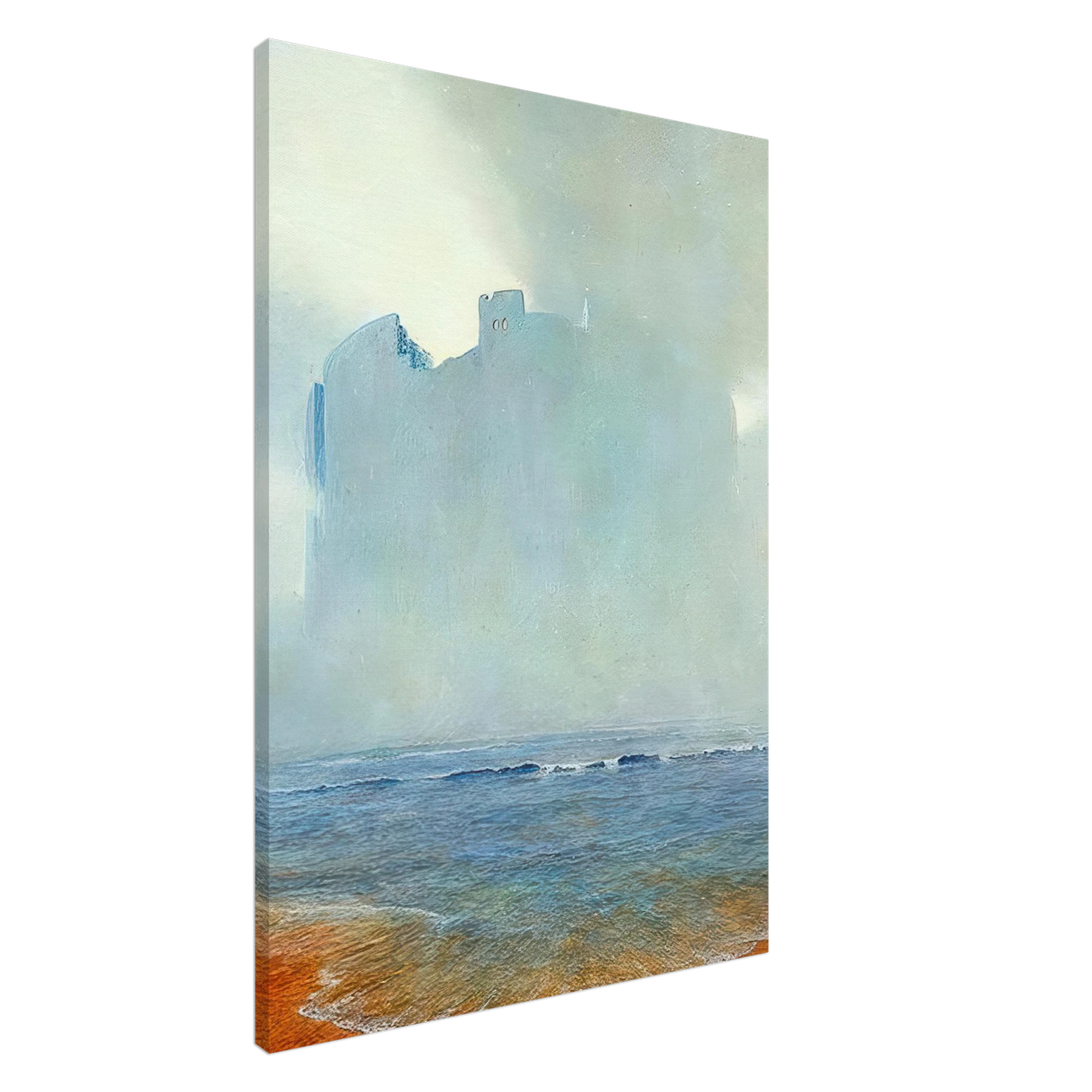 Zdzisław Beksiński framed print showing an enigmatic medieval fortress surrounded by ethereal sea mist, delicate ocean waves, and a striking orange sandy shore beneath a pale sky.