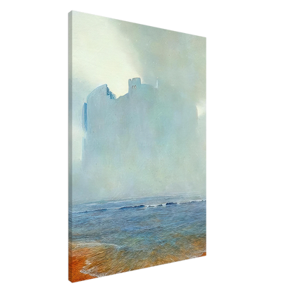 Zdzisław Beksiński framed print showing an enigmatic medieval fortress surrounded by ethereal sea mist, delicate ocean waves, and a striking orange sandy shore beneath a pale sky.