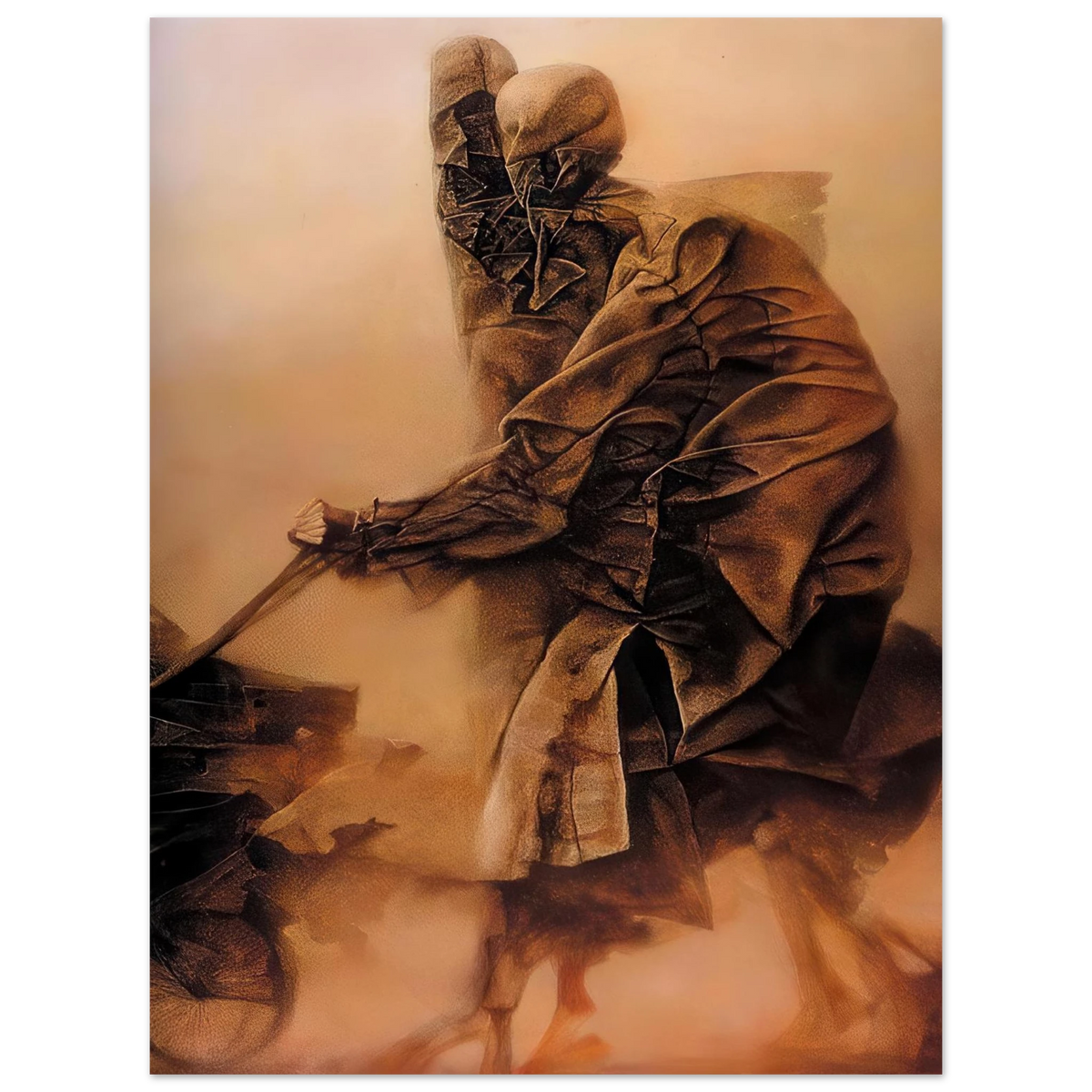 Zdzisław Beksiński Two Hooded Figures poster featuring two faceless cloaked figures in tattered brown garments, one holding a long staff-like object in a misty sepia landscape.