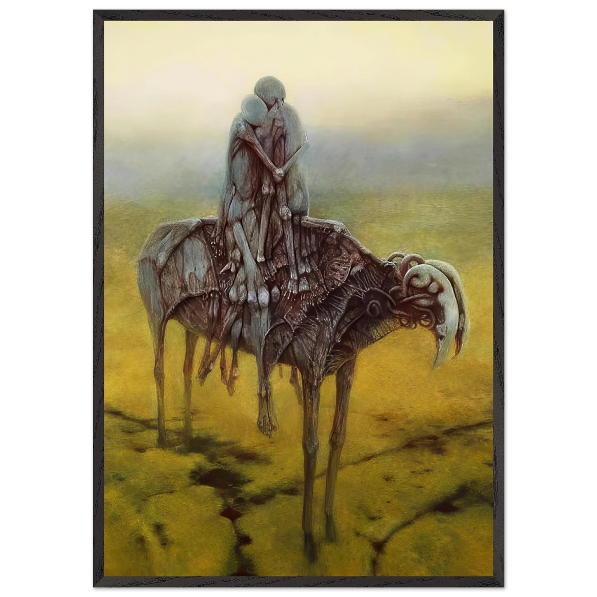 Zdzisław Beksiński Two Riders framed print featuring two faceless figures seated on a surreal skeletal horse-like creature in a desolate yellow and olive landscape.