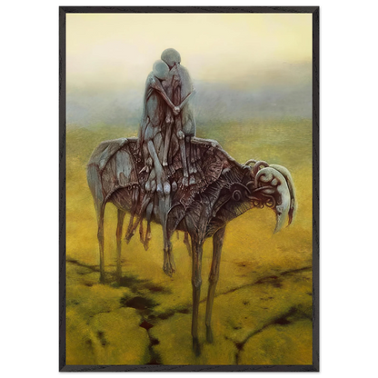 Zdzisław Beksiński Two Riders framed print featuring two faceless figures seated on a surreal skeletal horse-like creature in a desolate yellow and olive landscape.