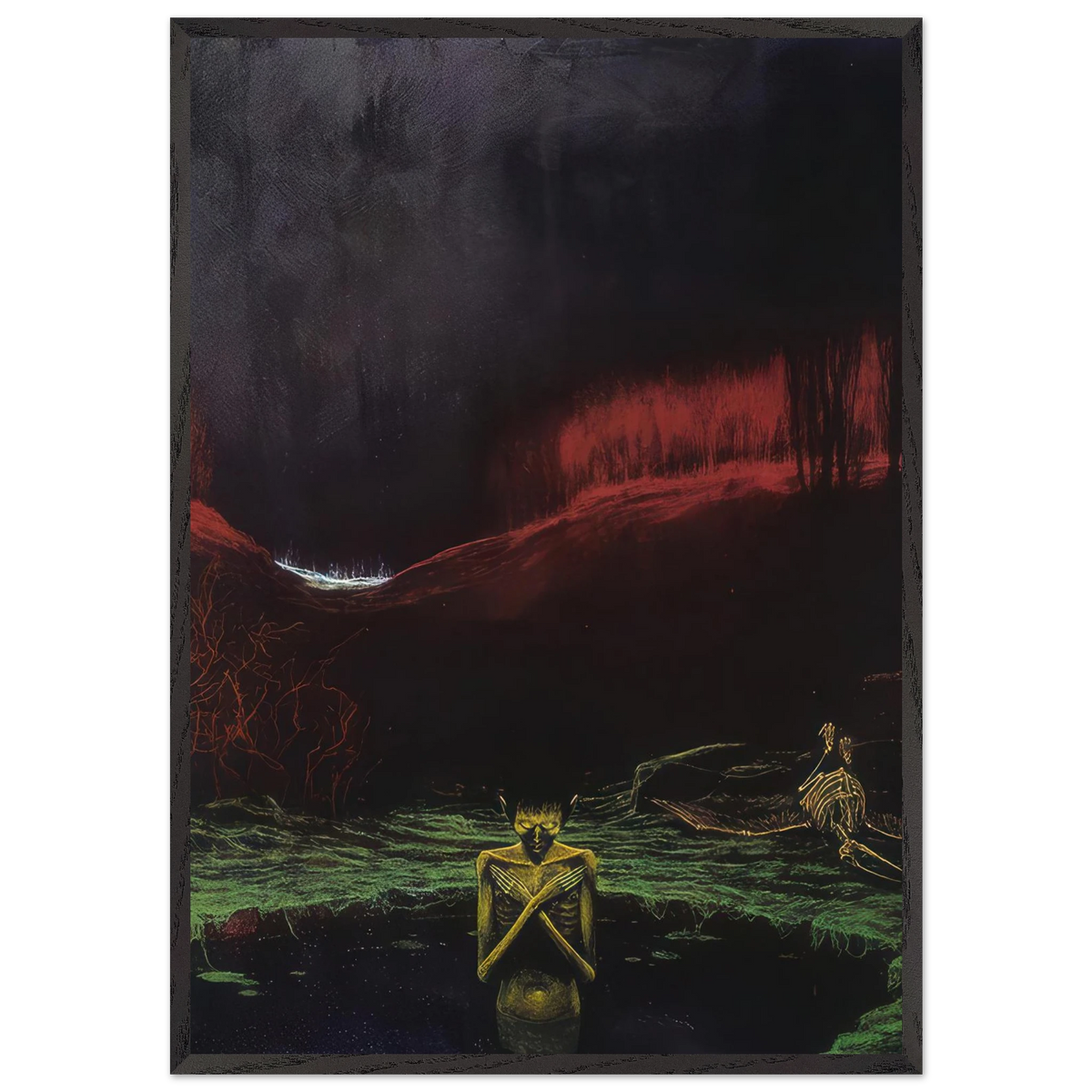 Zdzisław Beksiński Skeletal Figure framed print featuring a thin figure with crossed arms against a haunting black sky, crimson-red hills, and luminous green landscape.