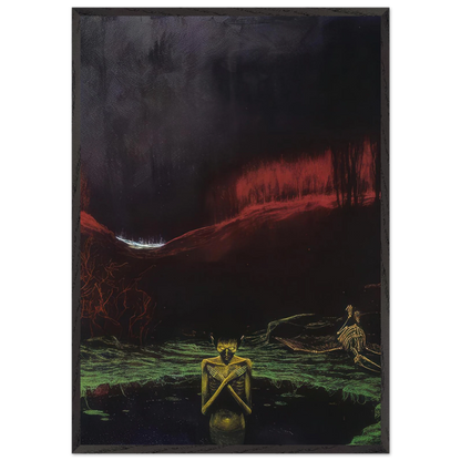 Zdzisław Beksiński Skeletal Figure framed print featuring a thin figure with crossed arms against a haunting black sky, crimson-red hills, and luminous green landscape.