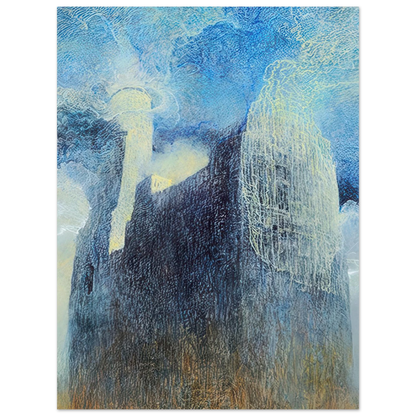 Zdzisław Beksiński Tower and Ghostly Figure poster featuring a monumental dark structure and pale spectral figure surrounded by luminous web-like forms in a blue surreal atmosphere.