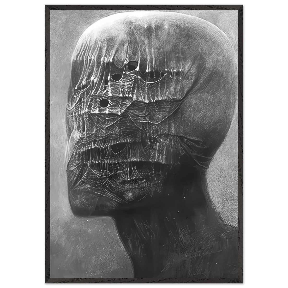 Zdzisław Beksiński Hollow Face framed print showing a haunting black-and-white human-like head with hollow facial openings, layered web-like textures, and surreal anatomical details.