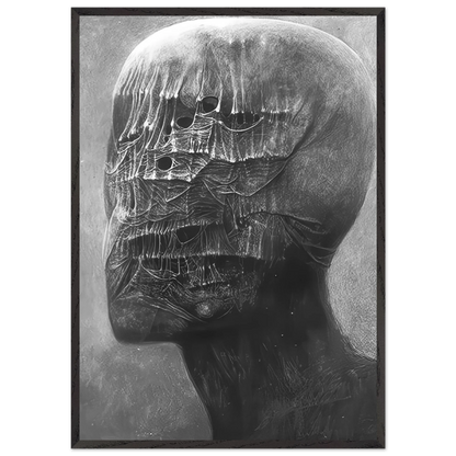 Zdzisław Beksiński Hollow Face framed print showing a haunting black-and-white human-like head with hollow facial openings, layered web-like textures, and surreal anatomical details.
