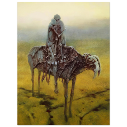 Zdzisław Beksiński Two Riders poster featuring two faceless figures seated on a surreal skeletal horse-like creature in a desolate yellow and olive landscape.