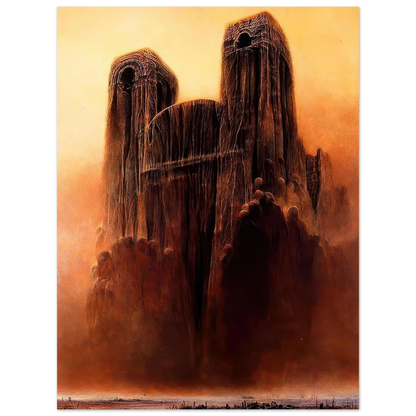 Zdzisław Beksiński poster showing an eerie dark fantasy fortress with two massive skeletal towers, mysterious faceless silhouettes, and dramatic rust-red fog beneath a glowing golden sky.