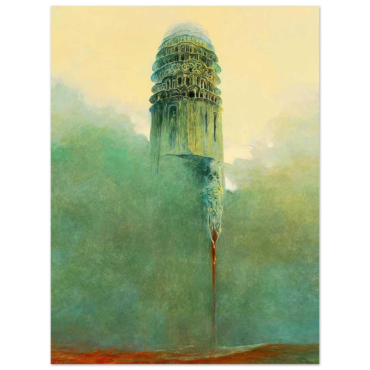 Zdzisław Beksiński Floating Tower poster featuring an ornate green tower rising through mist beneath a golden sky.