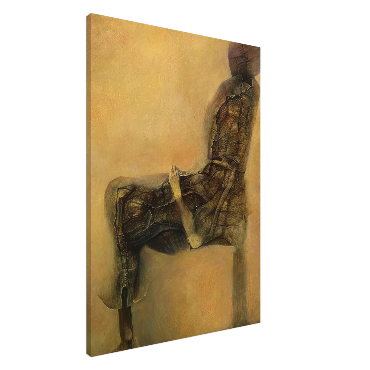 Zdzisław Beksiński Faceless Humanoid canvas print featuring a seated figure with a rounded featureless head and dark textured body against a golden background.