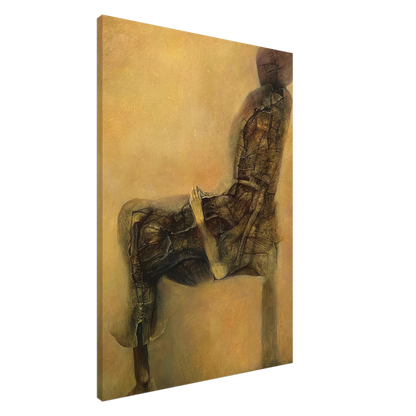 Zdzisław Beksiński Faceless Humanoid canvas print featuring a seated figure with a rounded featureless head and dark textured body against a golden background.