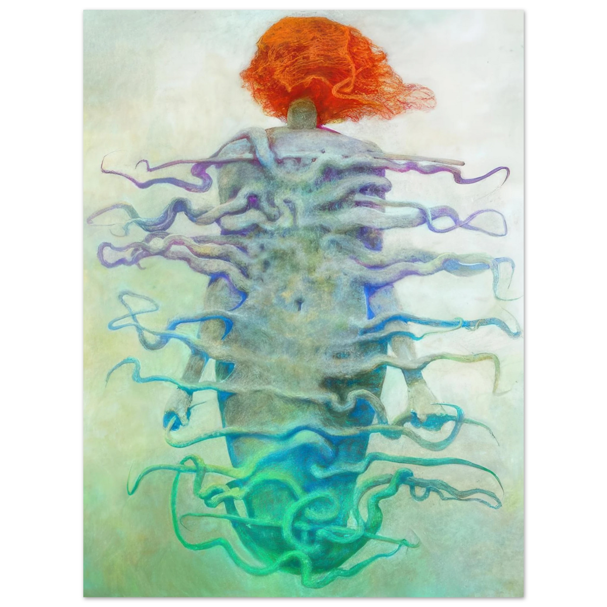 Zdzisław Beksiński Red-Haired Figure poster featuring a surreal humanoid with flowing orange-red hair and intricate blue, turquoise, and violet organic ribbons against a pale background.