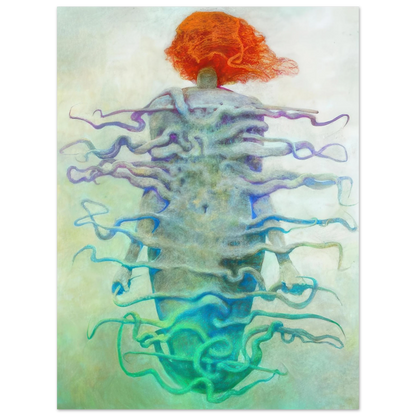 Zdzisław Beksiński Red-Haired Figure poster featuring a surreal humanoid with flowing orange-red hair and intricate blue, turquoise, and violet organic ribbons against a pale background.