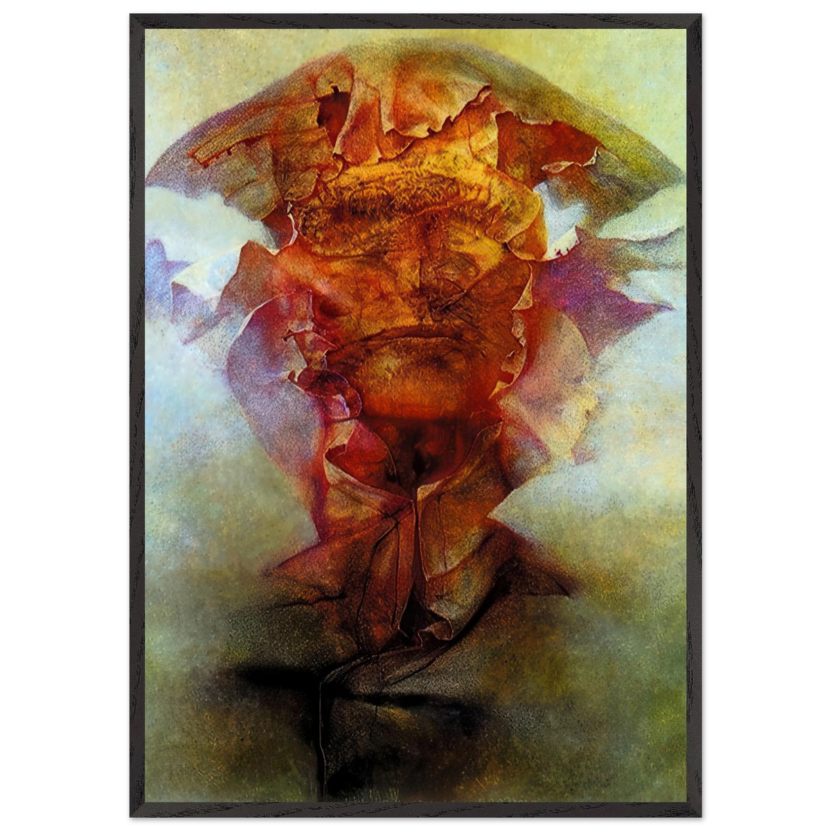 Zdzisław Beksiński Untitled abstract figure poster featuring a fragmented surreal form in fiery orange, red and violet tones against a smoky atmospheric background.