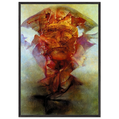 Zdzisław Beksiński Untitled abstract figure poster featuring a fragmented surreal form in fiery orange, red and violet tones against a smoky atmospheric background.