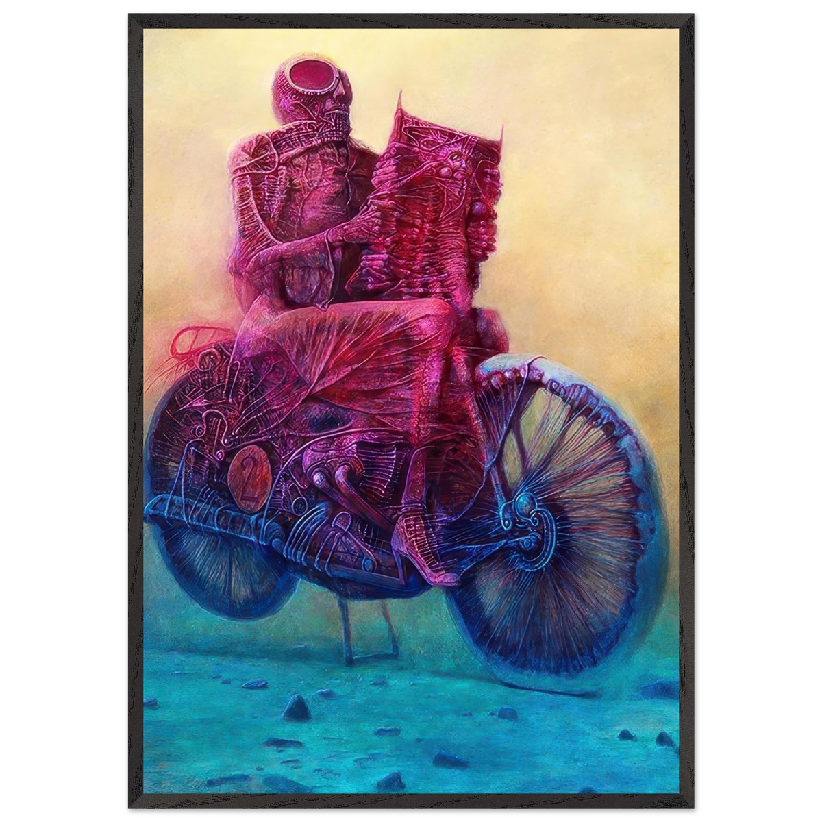 Zdzisław Beksiński surreal artwork depicting two biomechanical figures riding a futuristic motorcycle in vivid pink, blue, and turquoise tones.