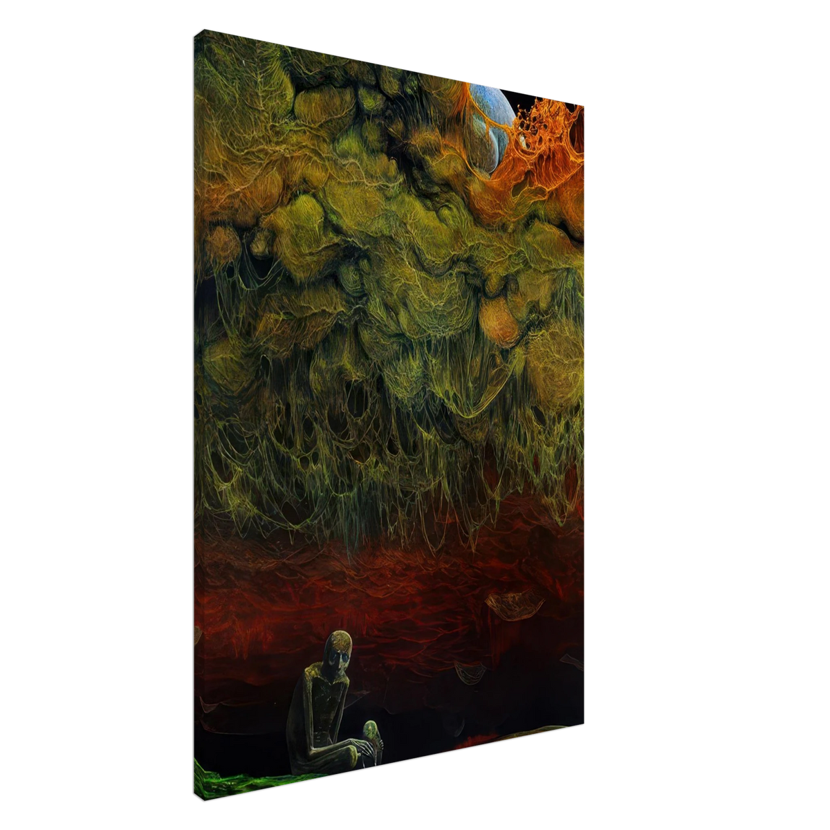 Zdzisław Beksiński dark fantasy painting depicting a seated skeletal figure in a haunting alien landscape beneath enormous moss-covered structures and a distant blue planet.