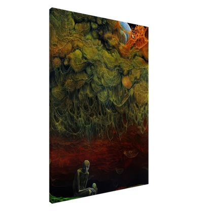 Zdzisław Beksiński dark fantasy painting depicting a seated skeletal figure in a haunting alien landscape beneath enormous moss-covered structures and a distant blue planet.