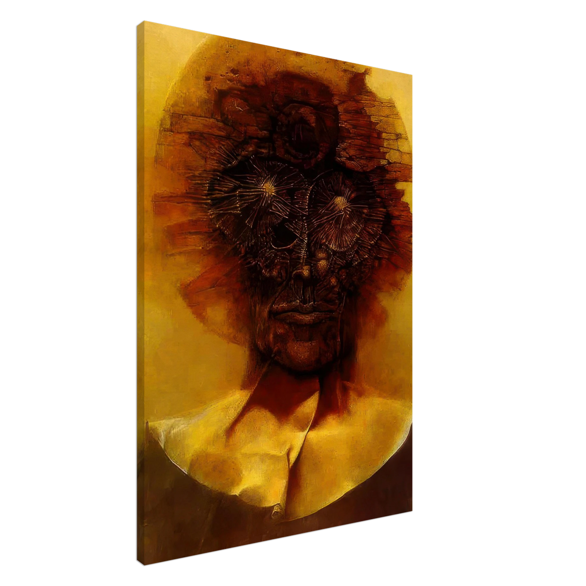 Zdzisław Beksiński Grotesque Portrait canvas print depicting a distorted reddish-brown human face with unusual radiating eye structures against a luminous golden-yellow background.