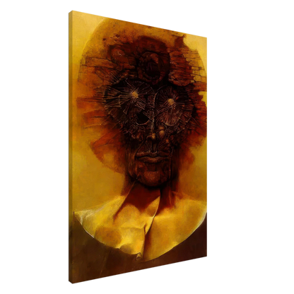 Zdzisław Beksiński Grotesque Portrait canvas print depicting a distorted reddish-brown human face with unusual radiating eye structures against a luminous golden-yellow background.