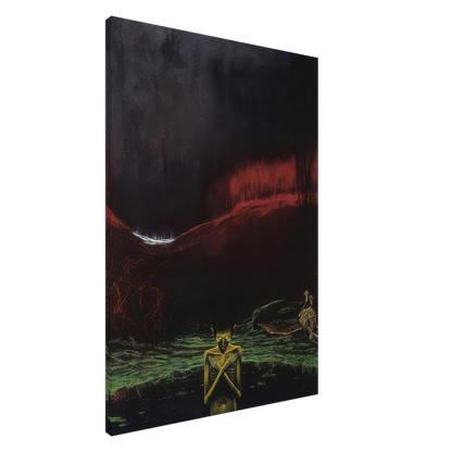 Zdzisław Beksiński Crimson Wasteland canvas print showing a gaunt skeletal figure with crossed arms in a dark surreal landscape of red hills, green earth, and shadowy trees.