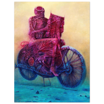 Zdzisław Beksiński surreal artwork depicting two biomechanical figures riding a futuristic motorcycle in vivid pink, blue, and turquoise tones.