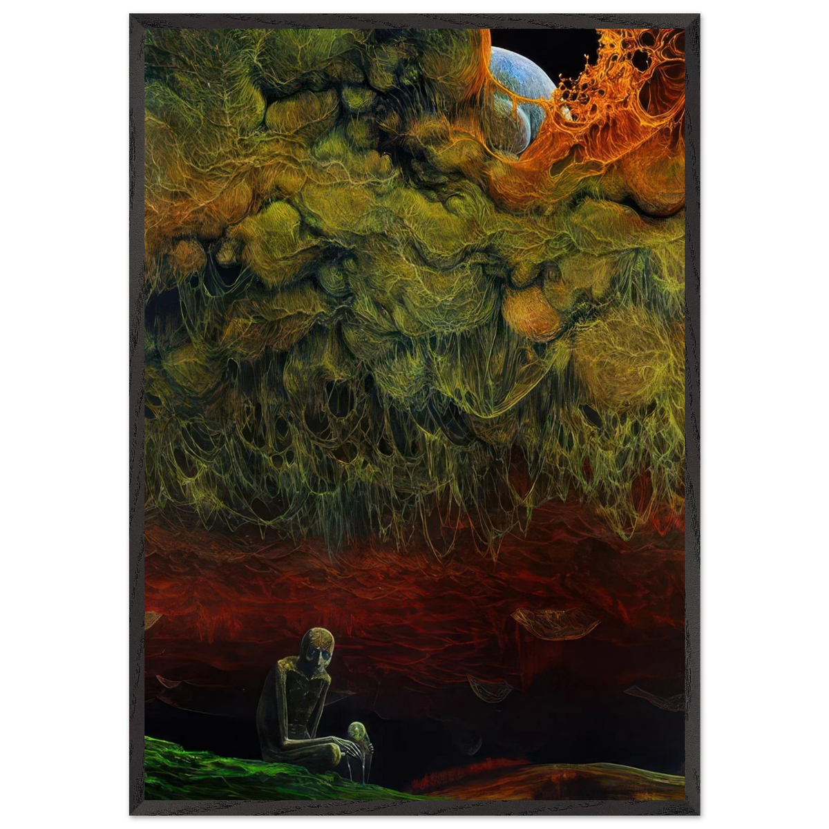 Zdzisław Beksiński surrealist wall art showing a lonely skeletal figure surrounded by intricate green vegetation, monstrous organic shapes, and a dramatic red and black landscape.