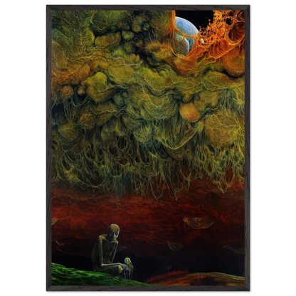 Zdzisław Beksiński surrealist wall art showing a lonely skeletal figure surrounded by intricate green vegetation, monstrous organic shapes, and a dramatic red and black landscape.