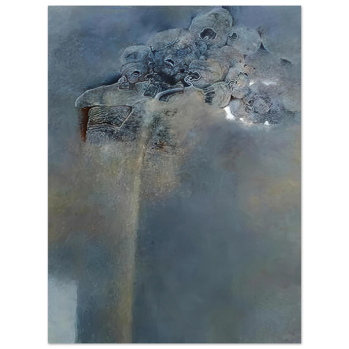 Zdzisław Beksiński Clustered Figures poster featuring mysterious human-like forms gathered above a monumental structure in an atmospheric blue-gray surreal landscape.