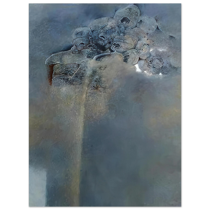Zdzisław Beksiński Clustered Figures poster featuring mysterious human-like forms gathered above a monumental structure in an atmospheric blue-gray surreal landscape.