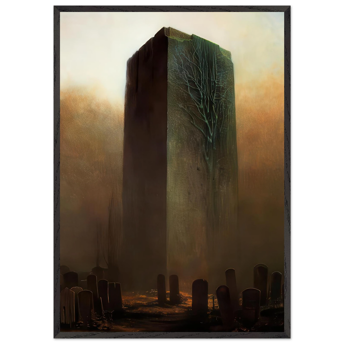 Zdzisław Beksiński Forgotten Graveyard framed print depicting an immense dark monolith with tree-like markings surrounded by tombstones in a misty golden-brown landscape.
