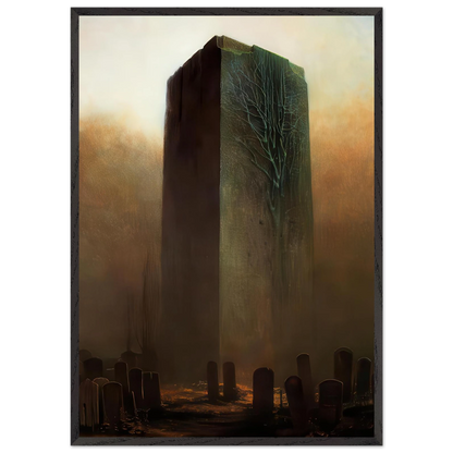 Zdzisław Beksiński Forgotten Graveyard framed print depicting an immense dark monolith with tree-like markings surrounded by tombstones in a misty golden-brown landscape.
