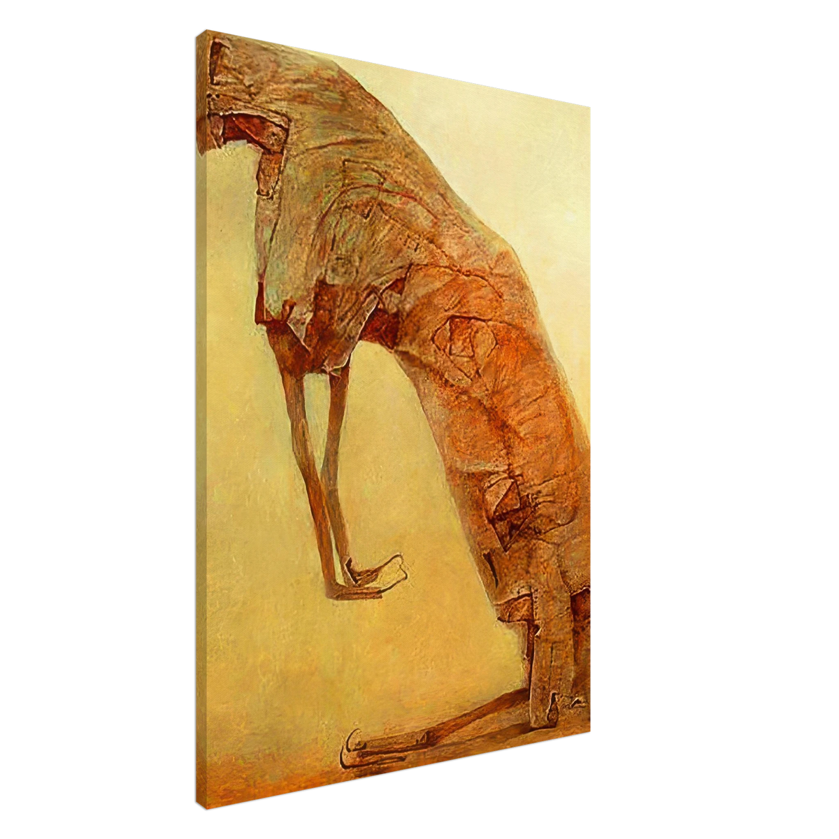 Zdzisław Beksiński Bent Figure canvas print featuring an elongated surreal figure in warm ochre, rust, and golden tones against a pale yellow background.