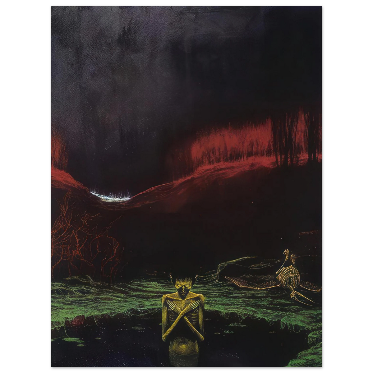 Zdzisław Beksiński Forsaken Figure poster depicting a skeletal figure with crossed arms standing in a dark landscape with crimson hills, green terrain, and a vast black sky.