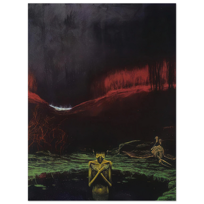 Zdzisław Beksiński Forsaken Figure poster depicting a skeletal figure with crossed arms standing in a dark landscape with crimson hills, green terrain, and a vast black sky.