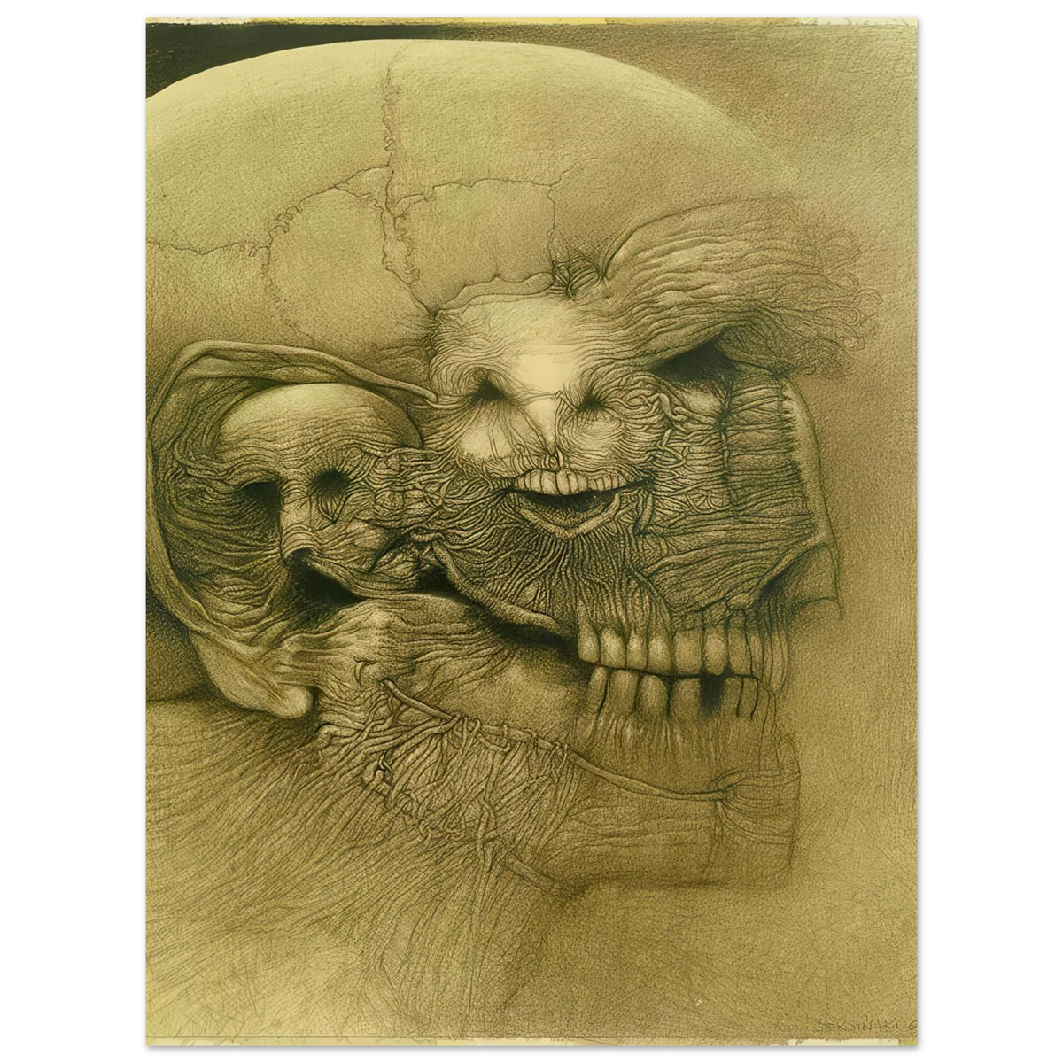 Zdzisław Beksiński Grotesque Face poster depicting a distorted skull-like face with exposed teeth, deeply wrinkled features, and intricate organic textures in sepia tones.