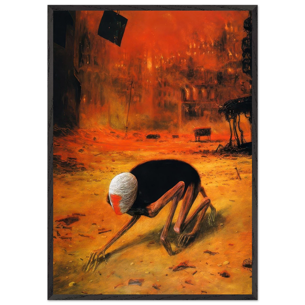 Zdzisław Beksiński Crouching Humanoid framed print featuring a pale-headed skeletal figure with long limbs in a fiery apocalyptic cityscape with ruined buildings.