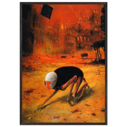 Zdzisław Beksiński Crouching Humanoid framed print featuring a pale-headed skeletal figure with long limbs in a fiery apocalyptic cityscape with ruined buildings.