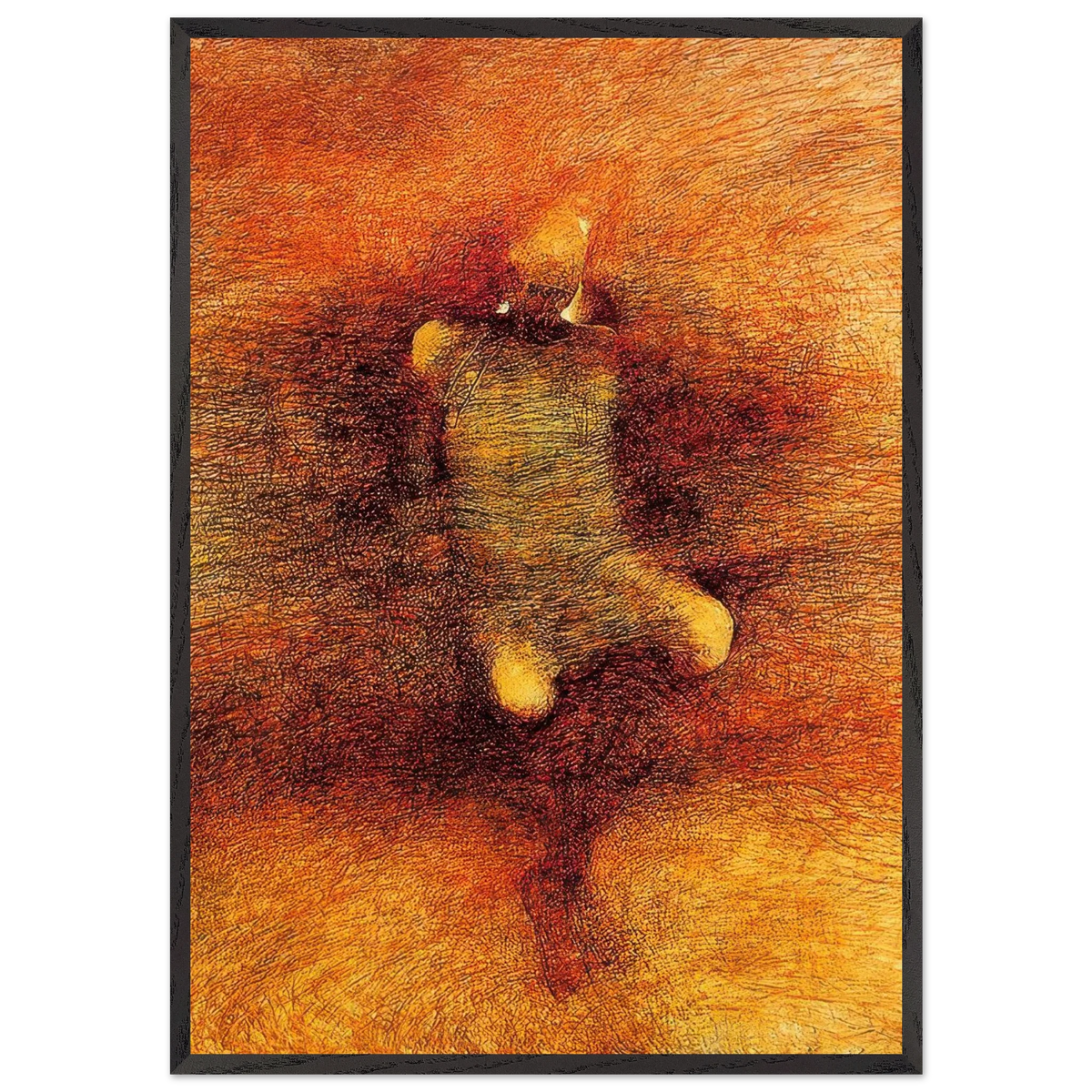 Zdzisław Beksiński Fiery Organic Form framed print featuring an abstract rounded shape with small protrusions amid intricate golden, orange, and deep crimson textures.
