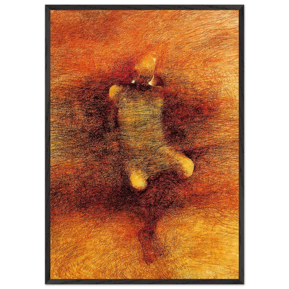 Zdzisław Beksiński Fiery Organic Form framed print featuring an abstract rounded shape with small protrusions amid intricate golden, orange, and deep crimson textures.

