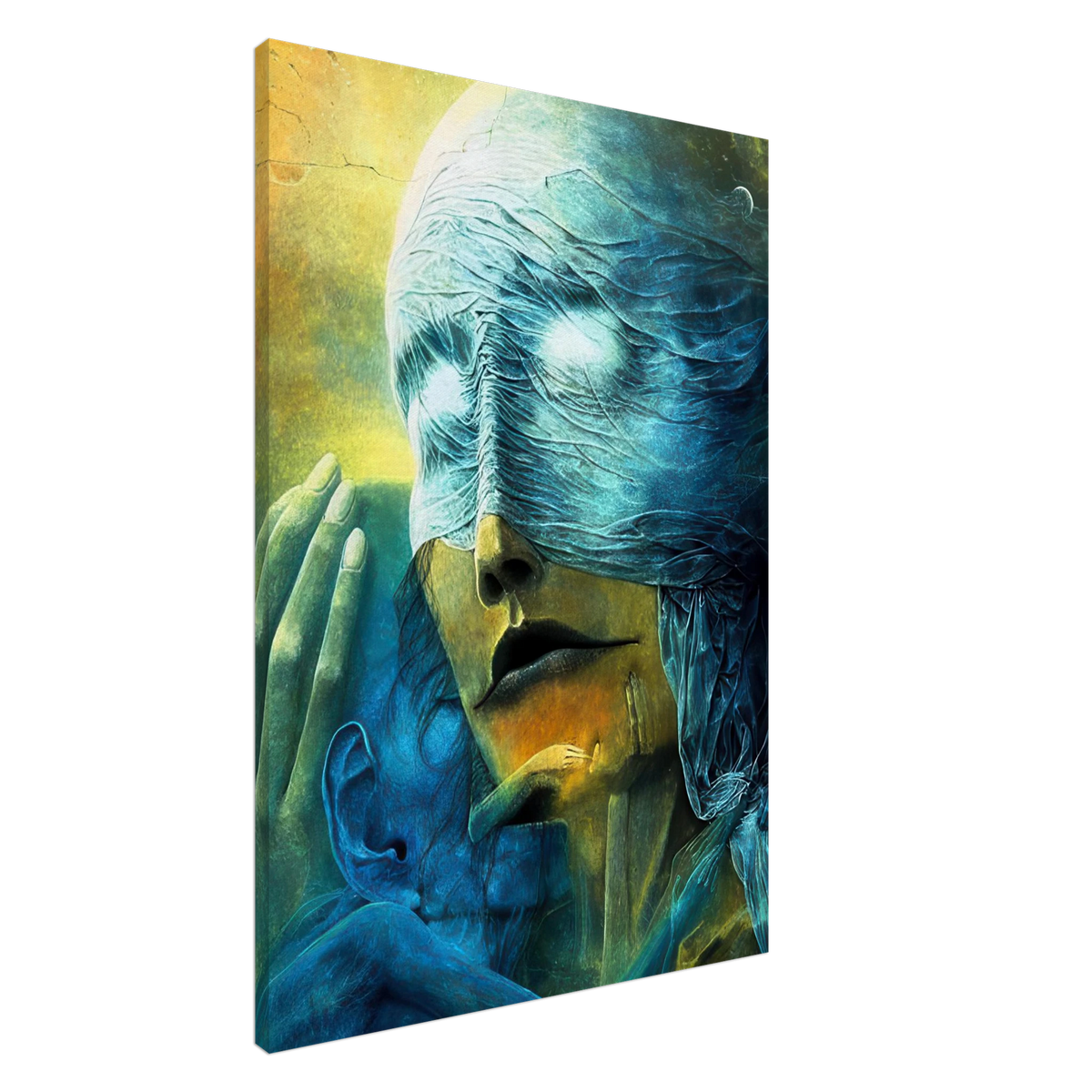 Zdzisław Beksiński Mother and Child canvas print showing a veiled maternal figure holding a blue-toned child close against a glowing yellow-green background.