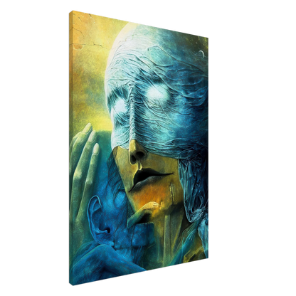 Zdzisław Beksiński Mother and Child canvas print showing a veiled maternal figure holding a blue-toned child close against a glowing yellow-green background.