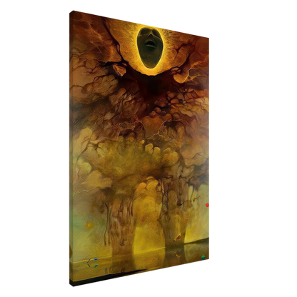 Zdzisław Beksiński Untitled surreal face poster featuring a dark floating face surrounded by a glowing golden halo above an abstract dreamlike landscape.