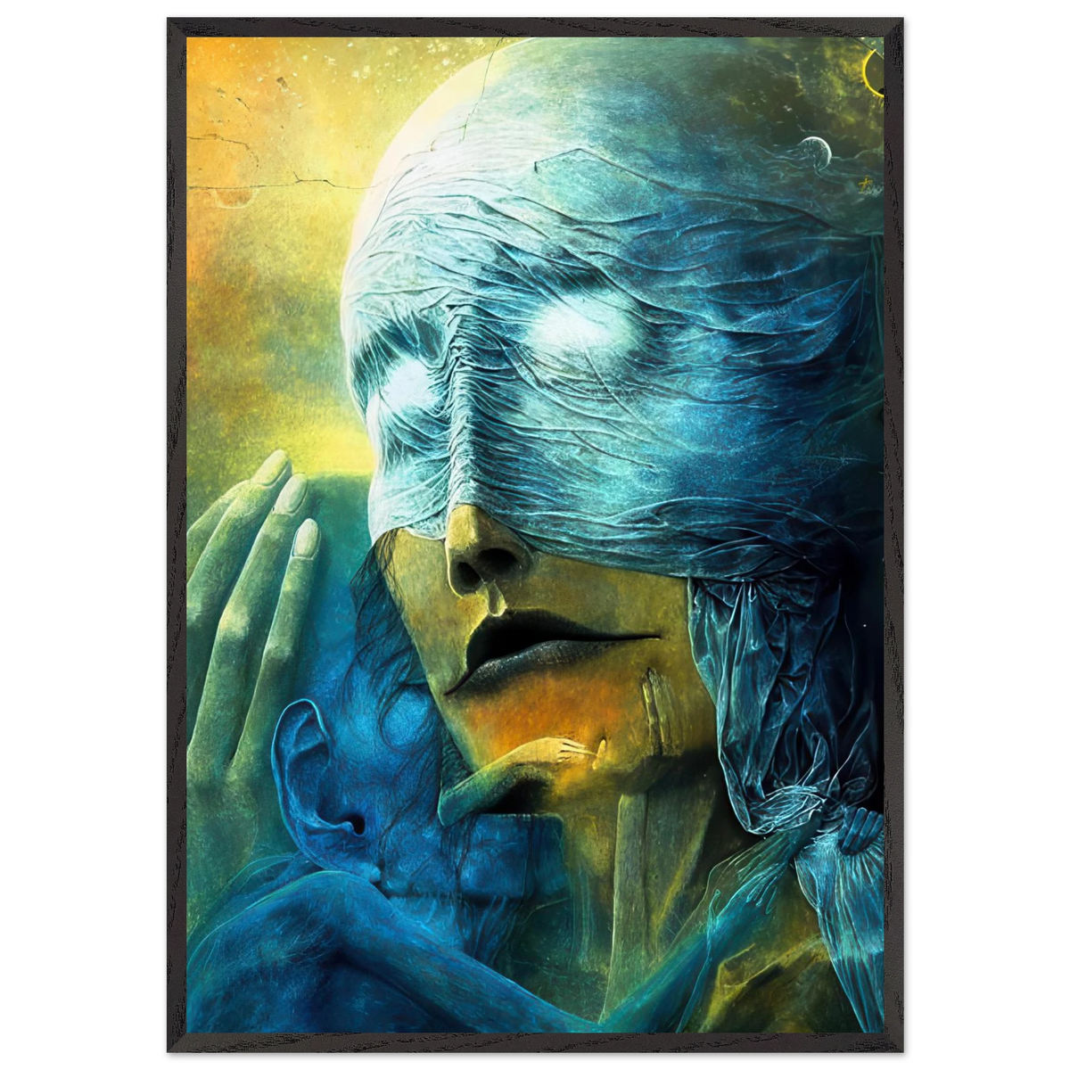 Zdzisław Beksiński Maternal Embrace framed print featuring a blue-veiled mother holding a child close, surrounded by turquoise textures and golden-green light.