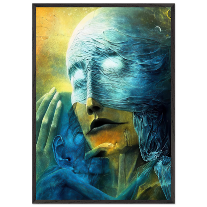 Zdzisław Beksiński Maternal Embrace framed print featuring a blue-veiled mother holding a child close, surrounded by turquoise textures and golden-green light.